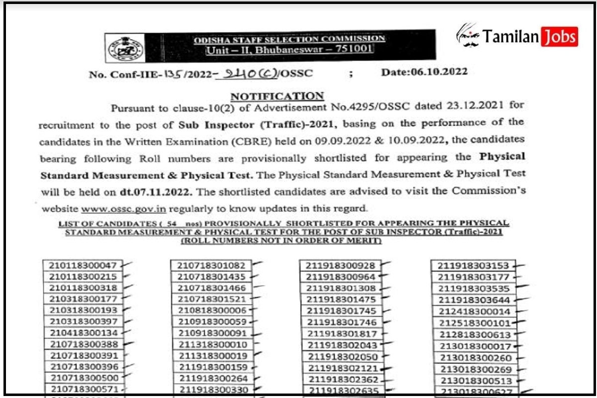 OSSC SI Result 2022