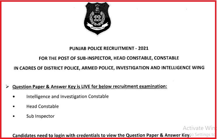 Punjab police Answer key 2022
