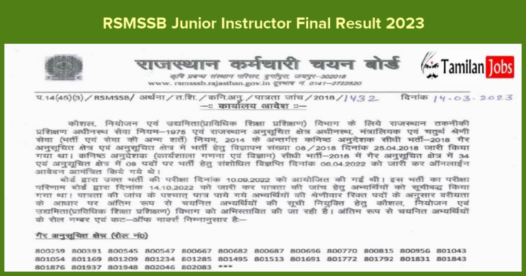 RSMSSB Junior Instructor Final Result 2023