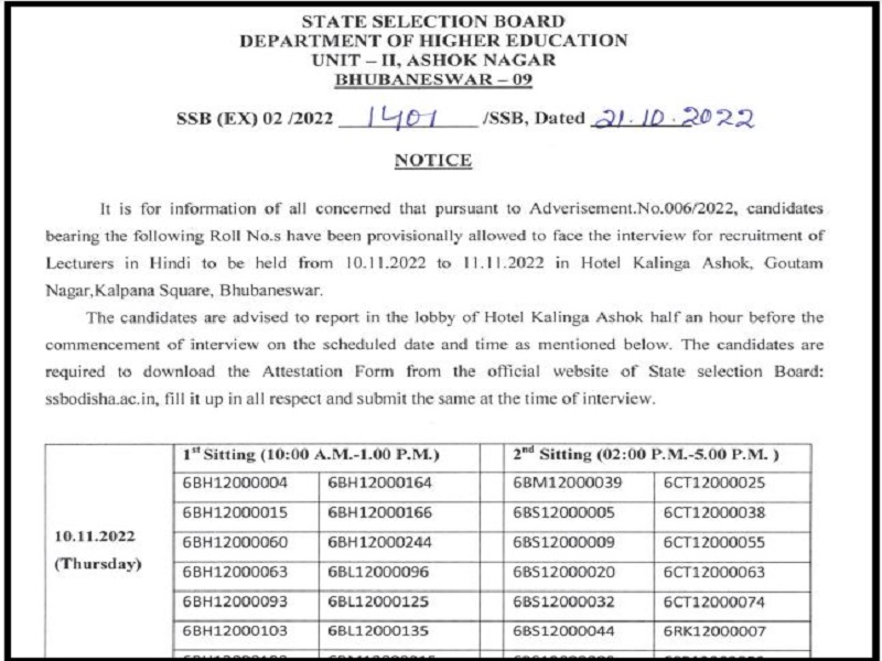 SSB Odisha Lecturer Viva Voce Test Date