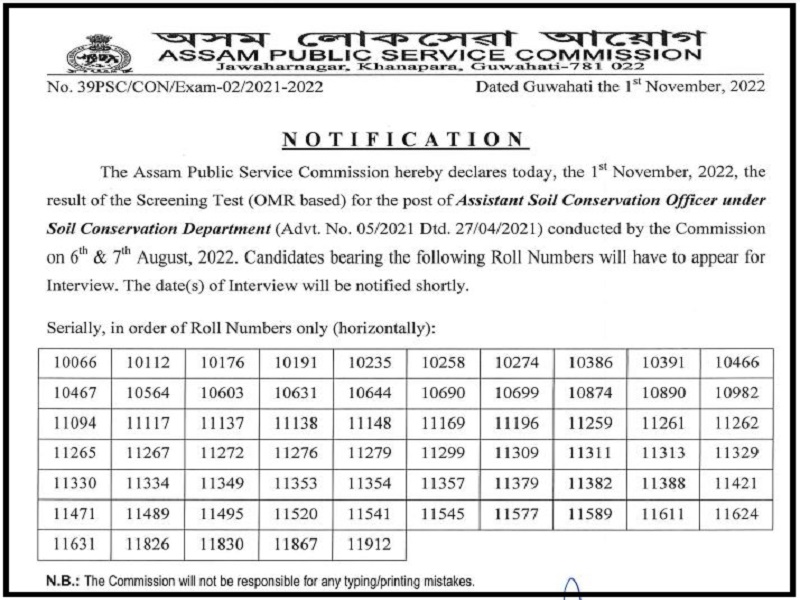 APSC ASCO Screening Test Result 2022