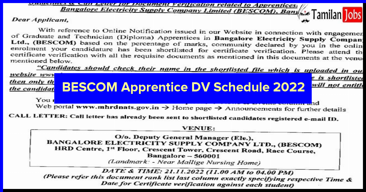 BESCOM Apprentice DV Schedule 2022