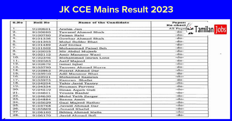 JK CCE Mains Result 2023