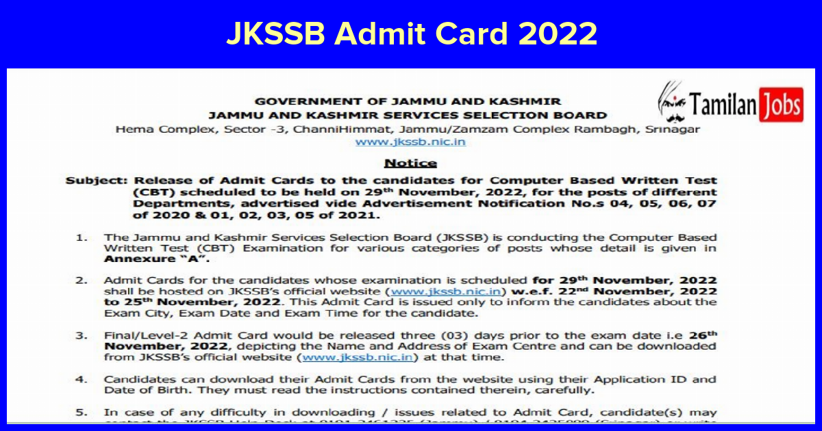 Jkssb Admit Card 2022