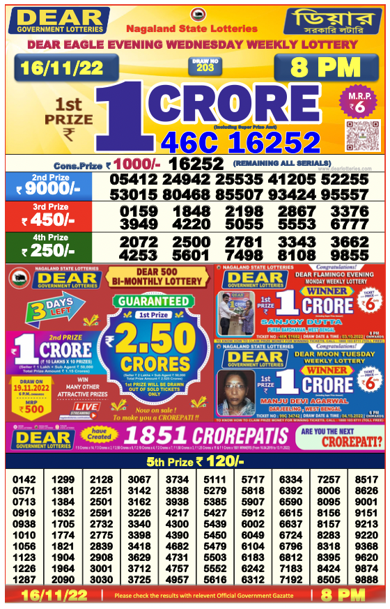 Nagaland lottery sambad 8 pm Result on 16.11.2022