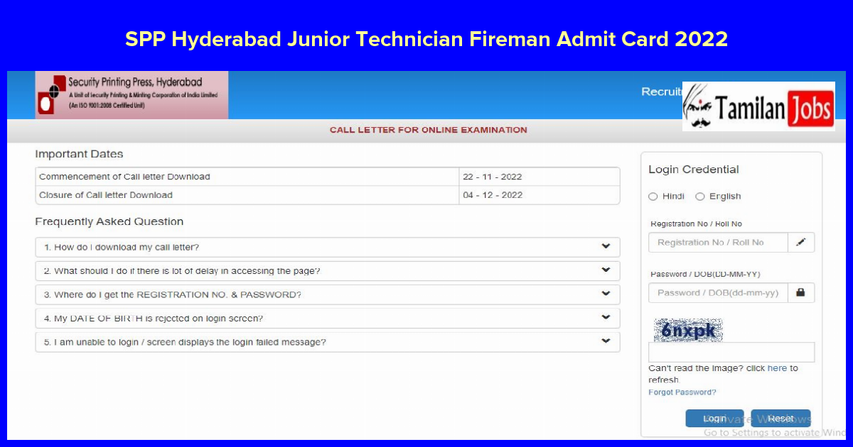SPP Hyderabad Junior Technician Fireman Admit Card 2022
