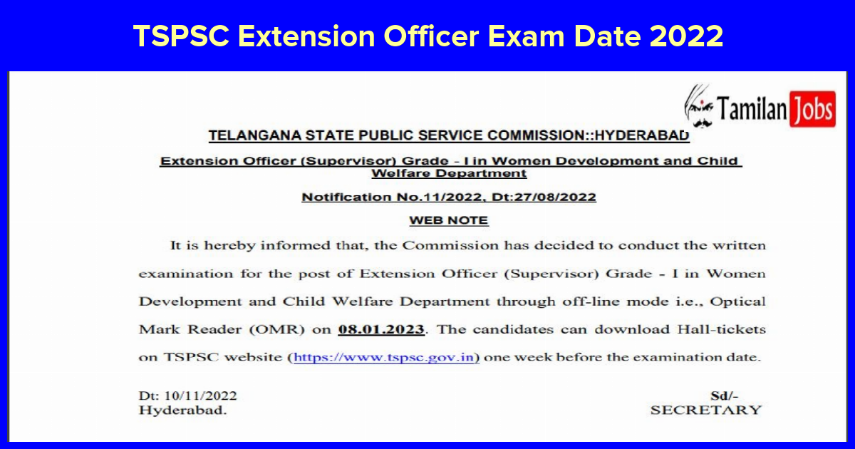 TSPSC Extension Officer Exam Date 2022_1668490307 (1) - Tamilan Jobs TSPSC Extension officer Exam date 2022