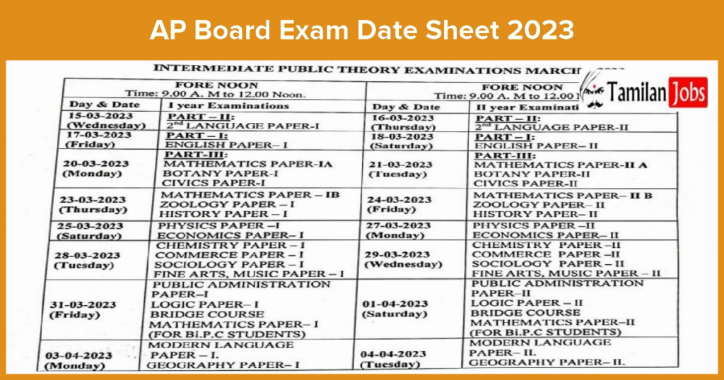 AP Board Exam Date Sheet 2023 OUT Check AP Inter 1st, 2nd Year Time