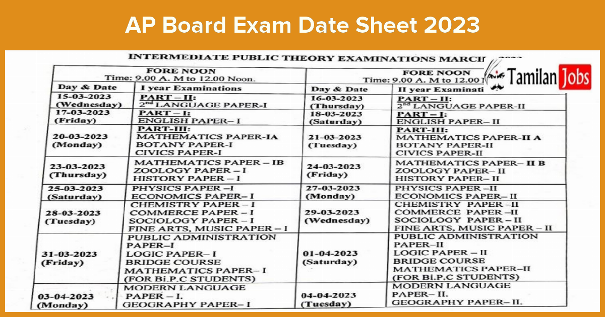 AP Board Exam Date Sheet 2023