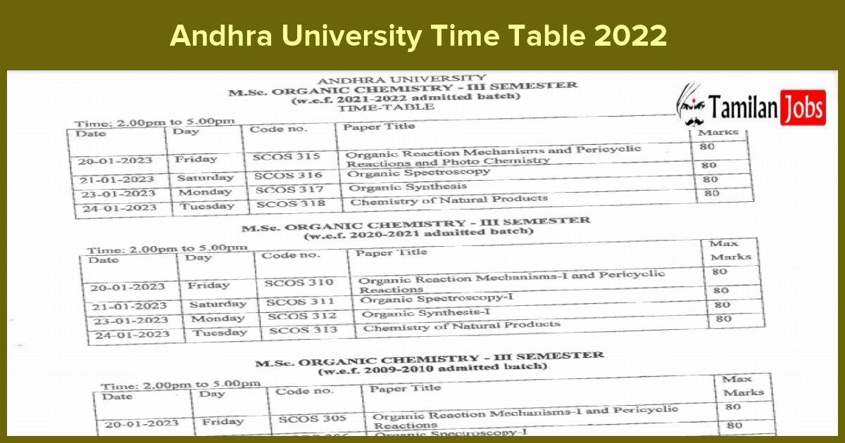 Andhra University Time Table 2022 