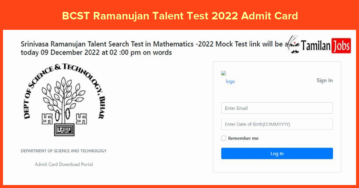 BCST Ramanujan Talent Test 2022 Admit Card 
