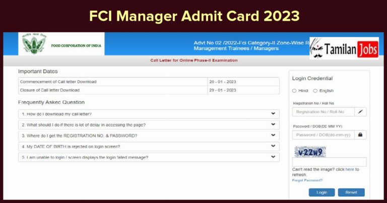FCI Manager Admit Card 2023