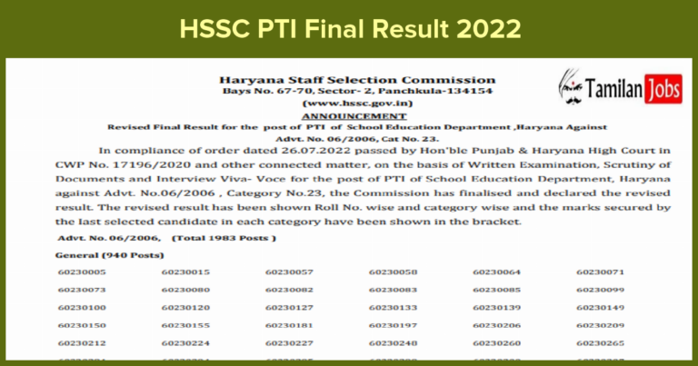 HSSC PTI Final Result 2022