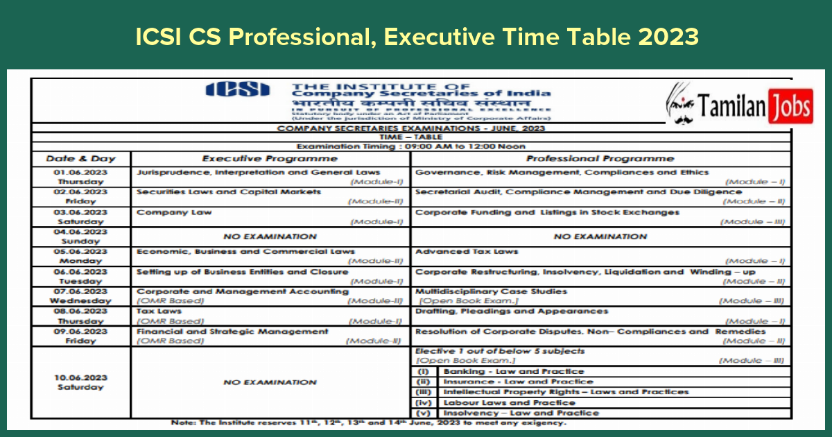 ICSI CS Professional Executive Time Table 2023 