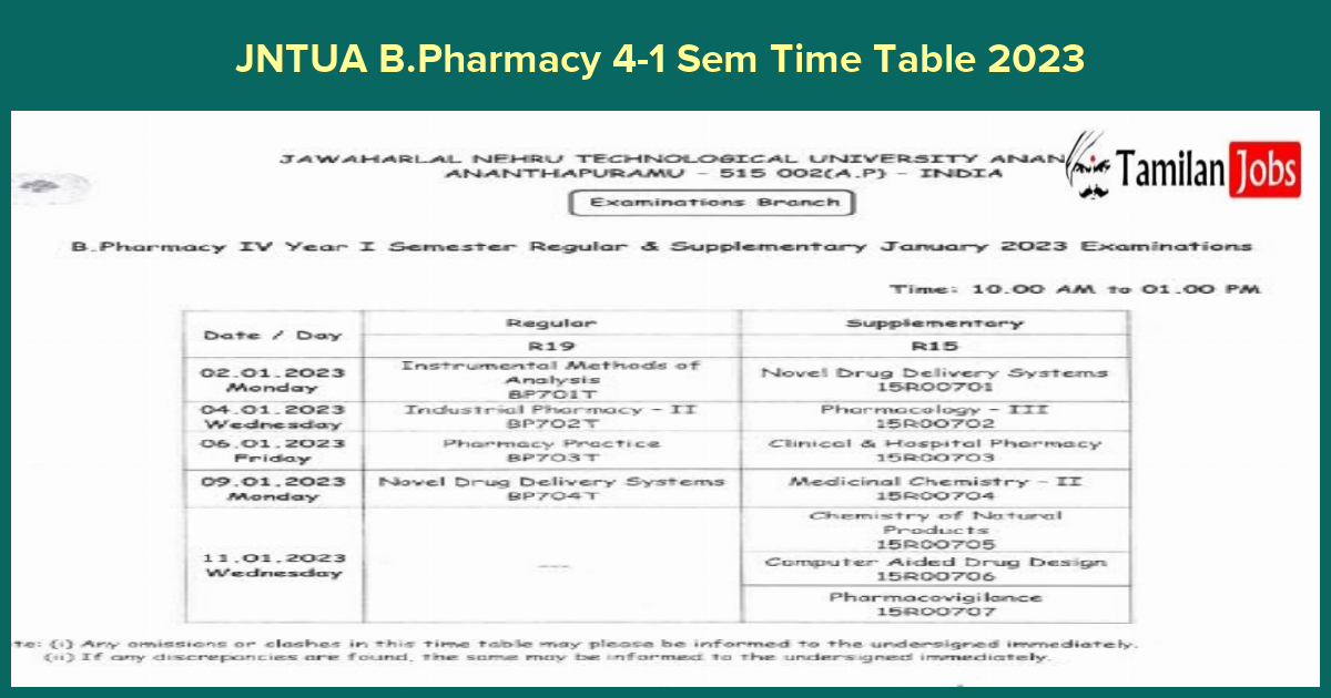 JNTUA B.Pharmacy 4-1 Sem Time Table 2023 