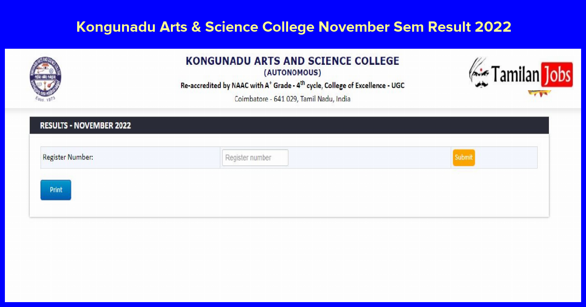 Kongunadu Arts & Science College November Sem Result 2022