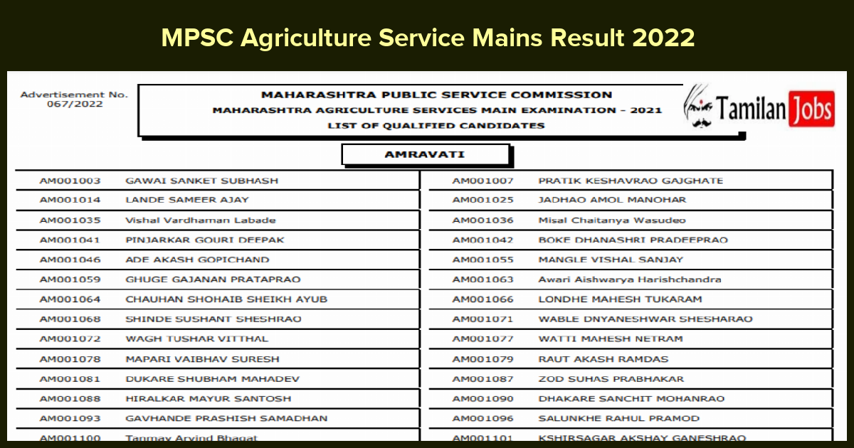 MPSC Agriculture Service Mains Result 2022