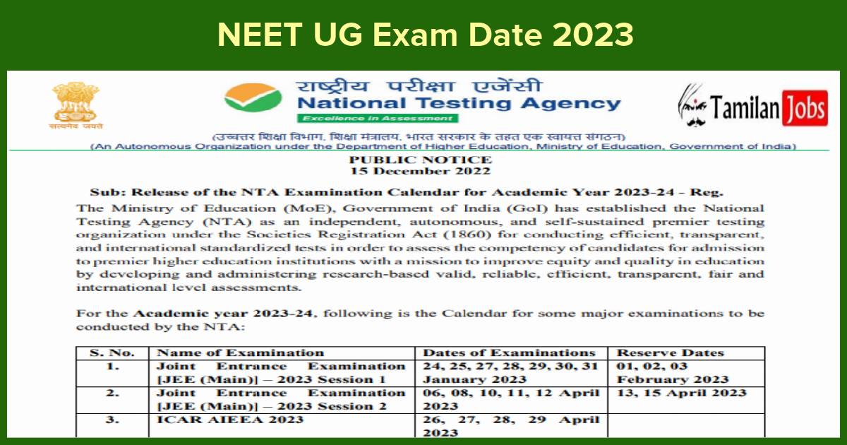 NEET UG Exam Date 2023 