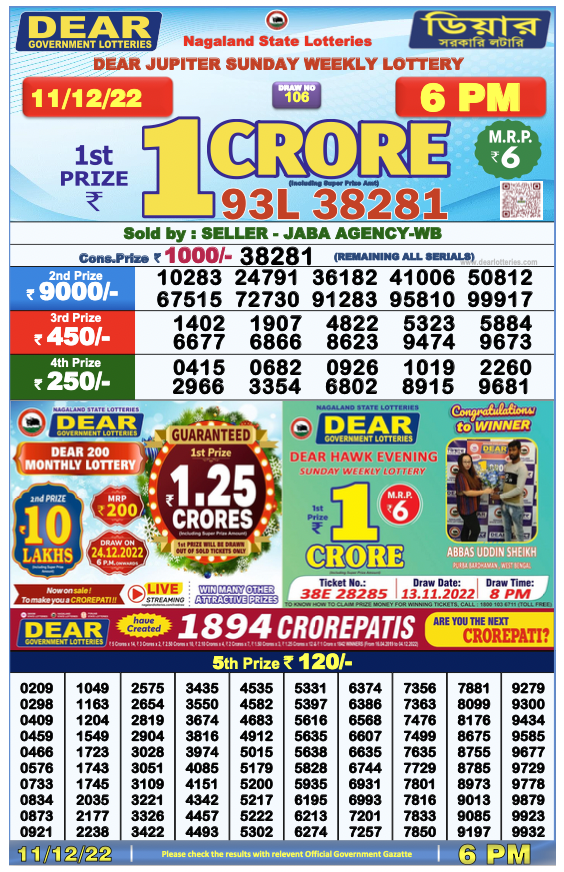 Nagaland State Lottery Sambad Result Today 11.12.2022