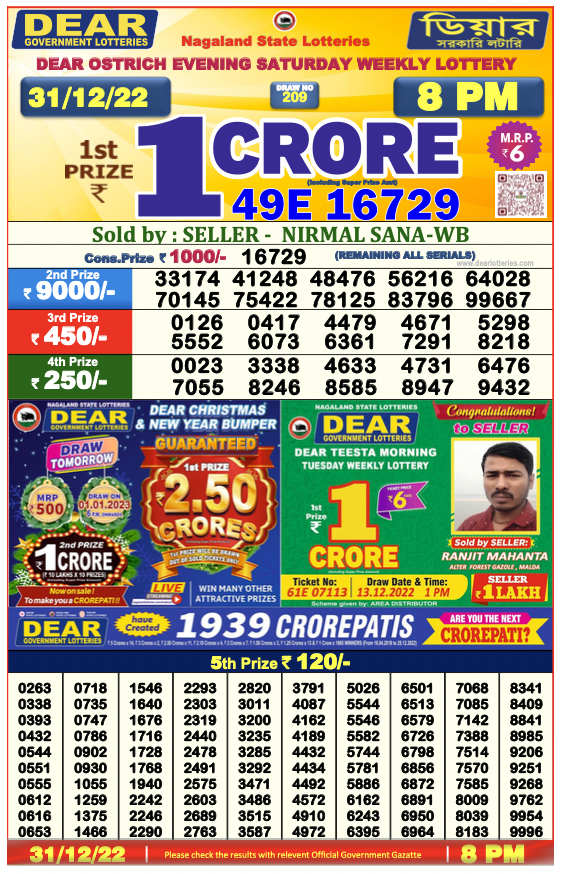 Nagaland lottery sambad 8 pm Result on 31.12.2022