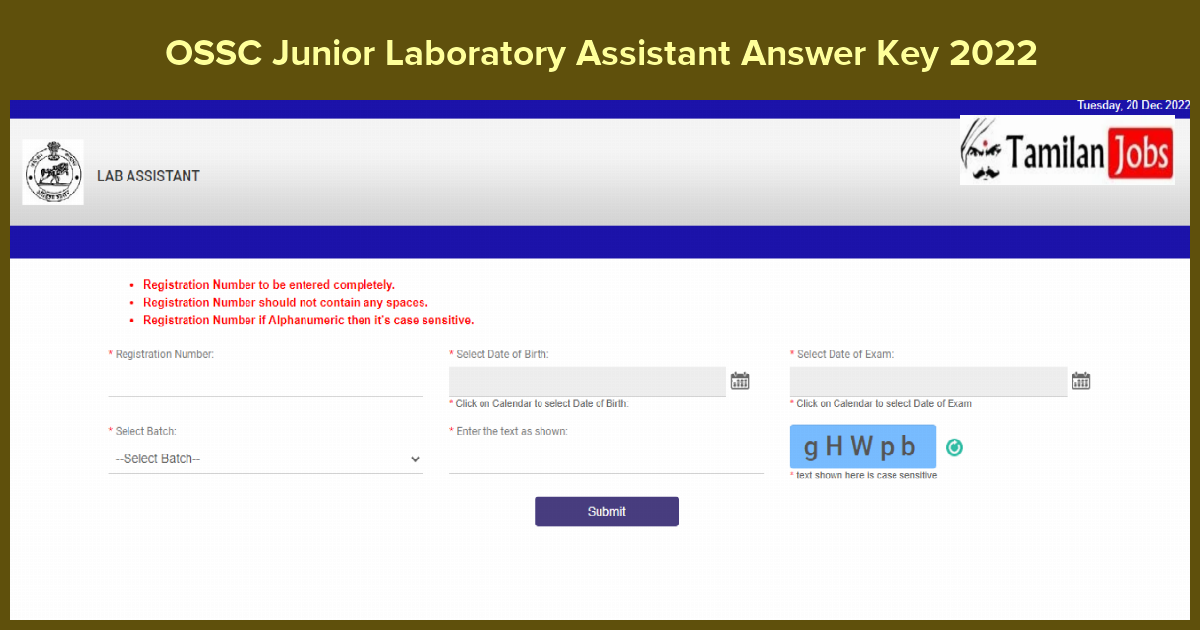 OSSC Junior Laboratory Assistant Answer Key 2022