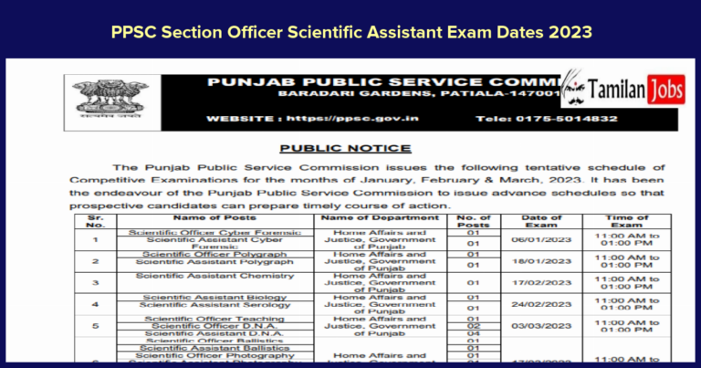 PPSC Section Officer Scientific Assistant Exam Dates 2023