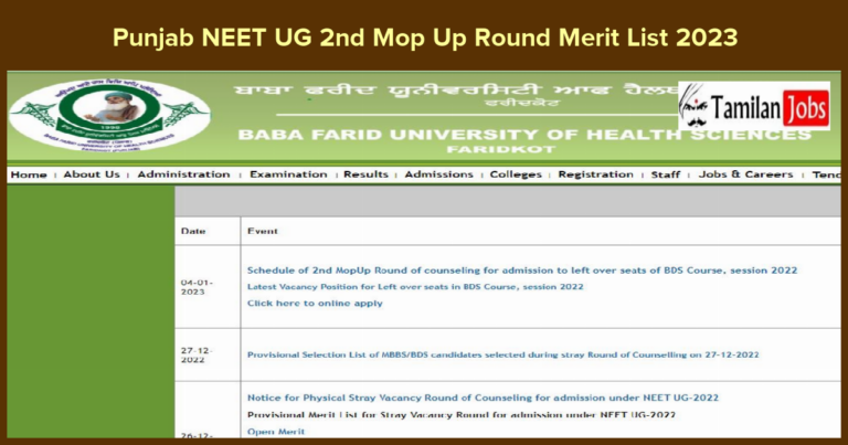 Punjab NEET UG 2nd Mop Up Round Merit List 2023