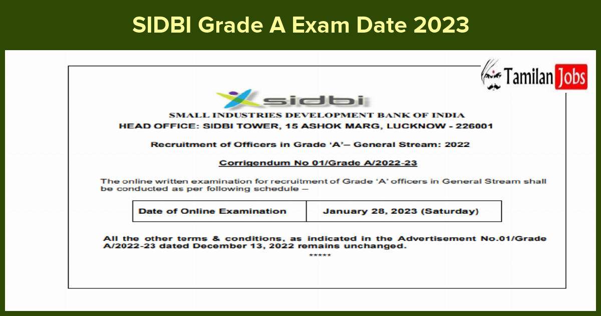SIDBI Grade A Exam Date 2023