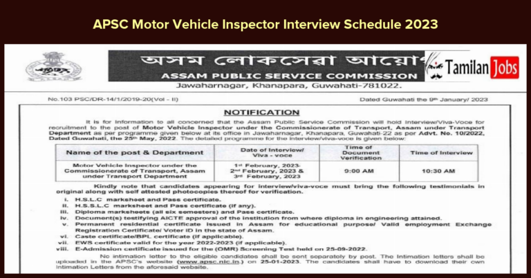 APSC Motor Vehicle Inspector Interview Schedule 2023