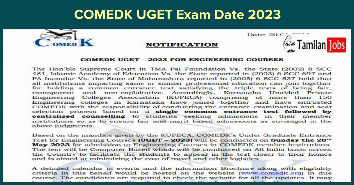 COMEDK UGET Exam Date 2023