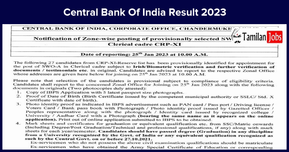 Central Bank Of India Result 2023