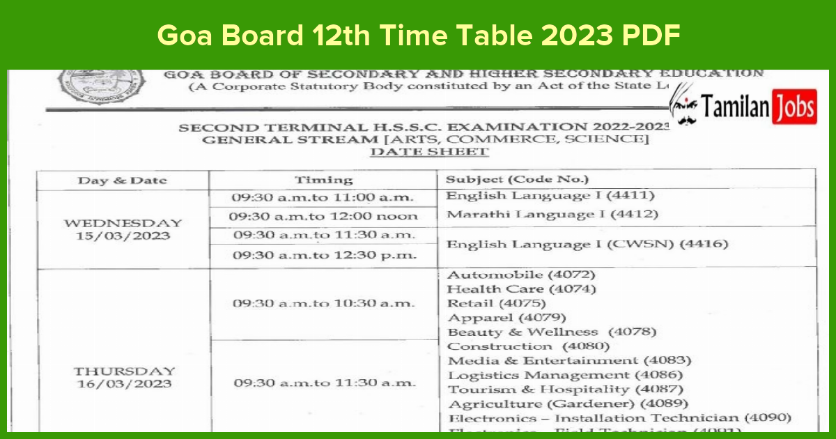 Goa Board 12Th Time Table 2023 Pdf