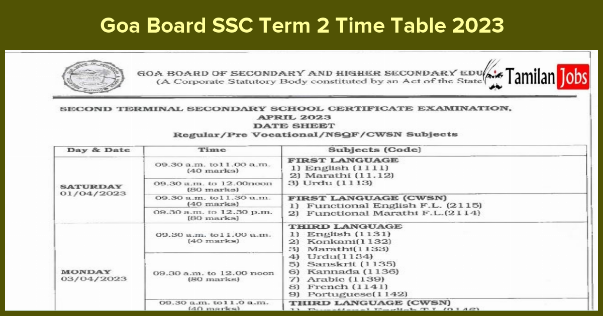 Goa Board SSC Term 2 Time Table 2023