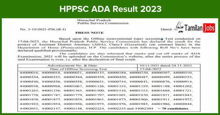 HPPSC ADA Result 2023