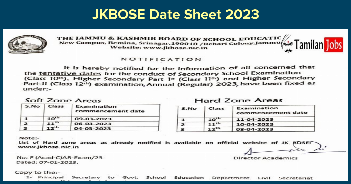 JKBOSE Date Sheet 2023