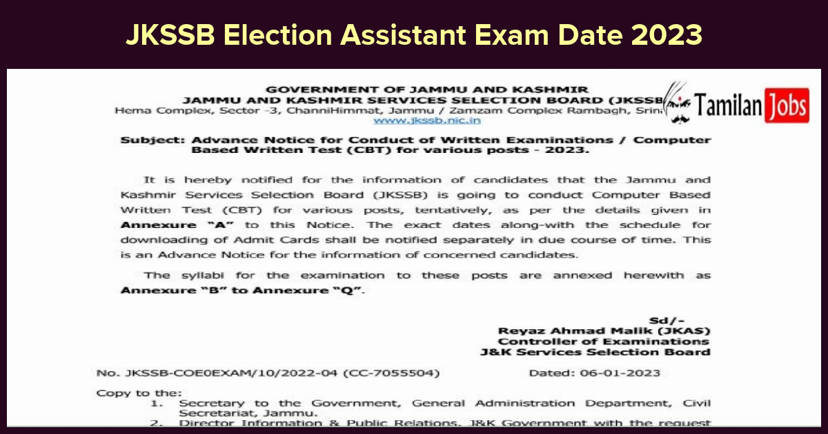 JKSSB Election Assistant Exam Date 2023