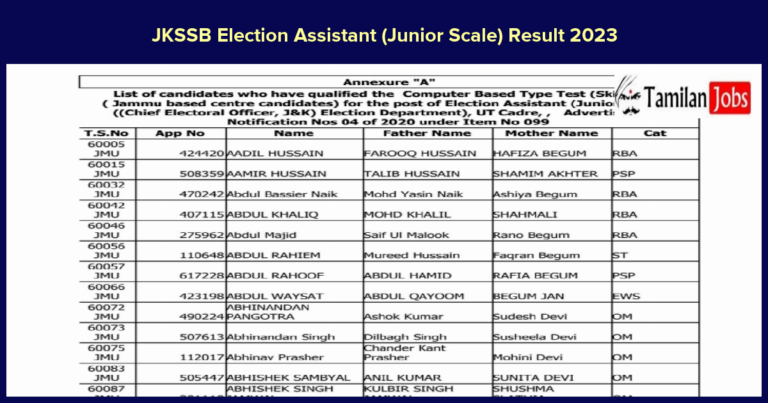 JKSSB Election Assistant (Junior Scale) Result 2023