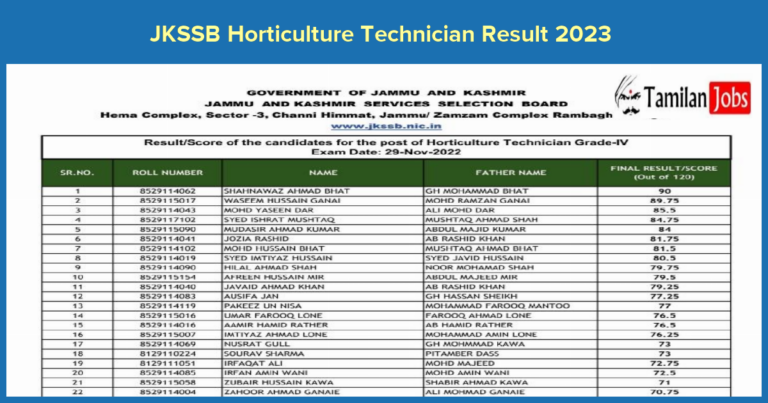 JKSSB Horticulture Technician Result 2023