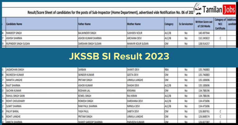 JKSSB SI Result 2023