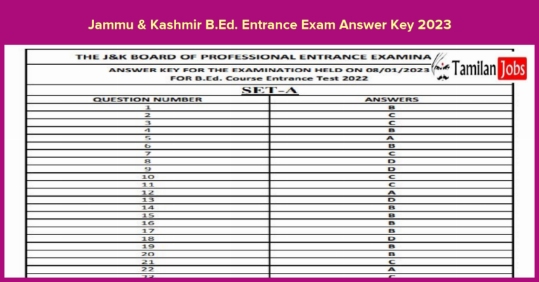 Jammu & Kashmir B.Ed. Entrance Exam Answer Key 2023
