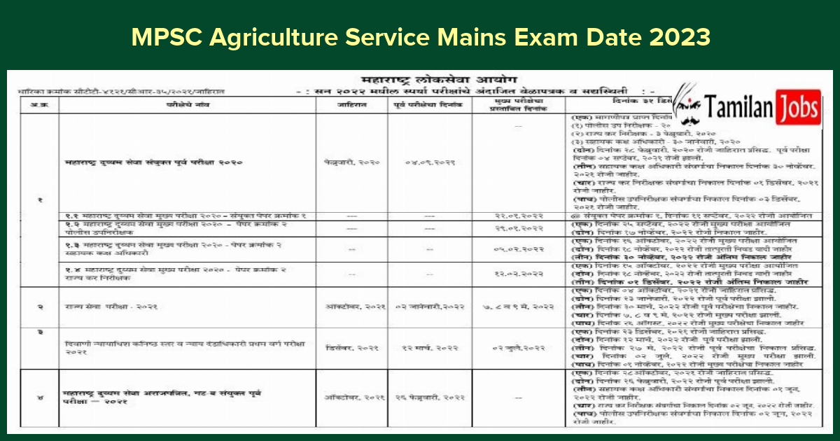 MPSC Agriculture Service Mains Exam Date 2023