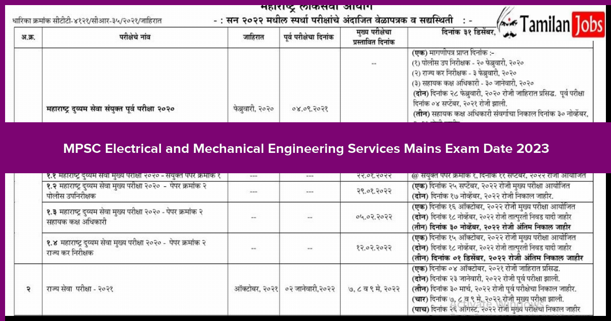MPSC Electrical and Mechanical Engineering Services Mains Exam Date 2023