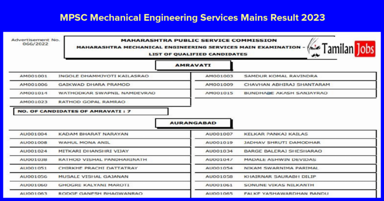 MPSC Mechanical Engineering Services Mains Result 2023