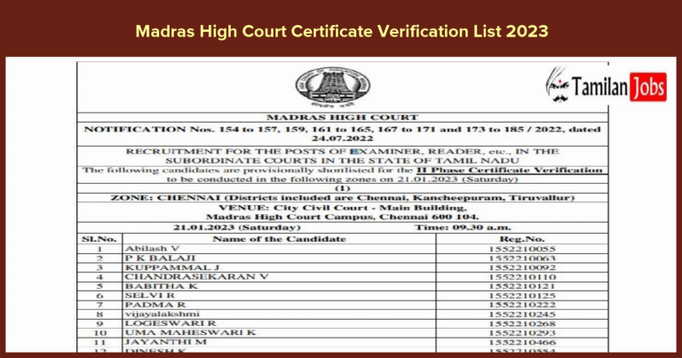 Madras High Court Certificate Verification List 2023 (OUT) Check  2nd Phase CV Date
