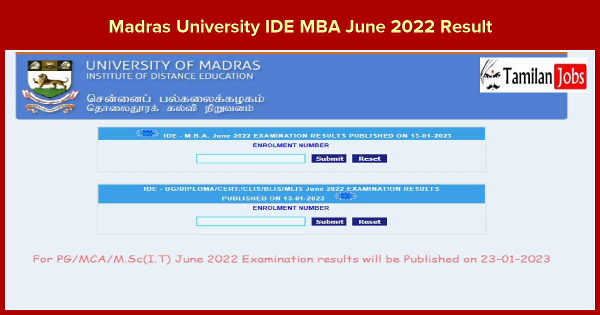 Madras University IDE MBA June 2022 Result - Tamilan Jobs Madras University IDE MBA June 2022 Result