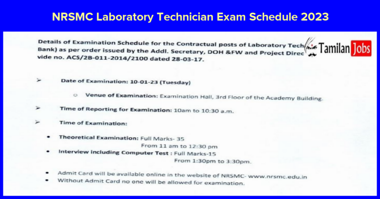 NRSMC Laboratory Technician Exam Schedule 2023