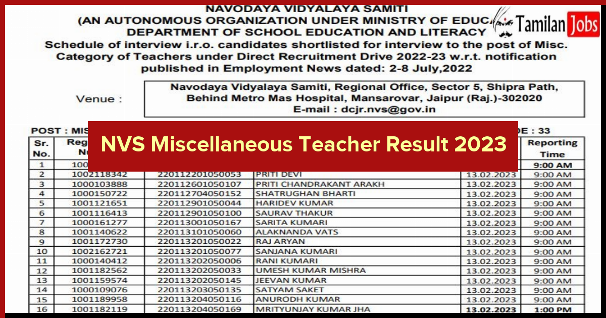 NVS Miscellaneous Teacher Result 2023