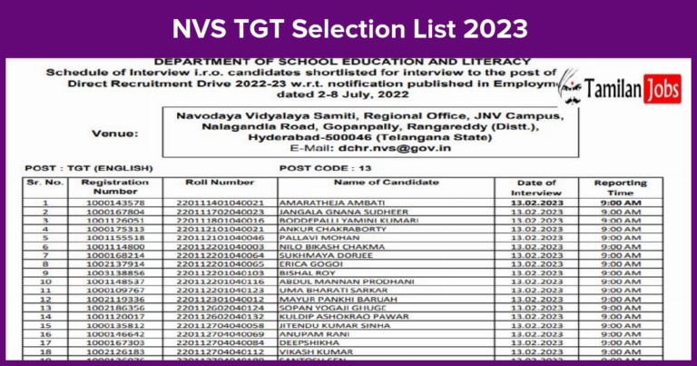 NVS TGT Selection List 2023
