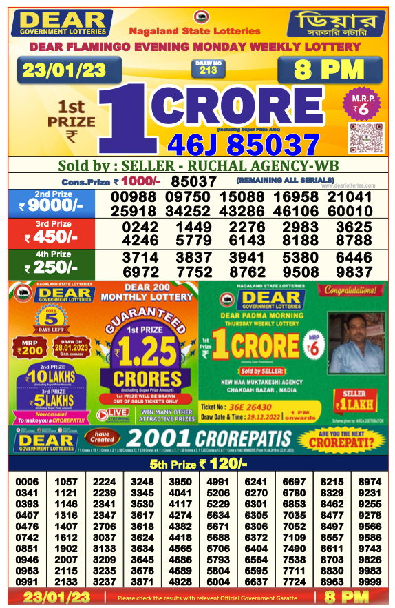 Nagaland State Lottery Today 23.1.2023 Result,1 pm, 6 pm, 8 pm