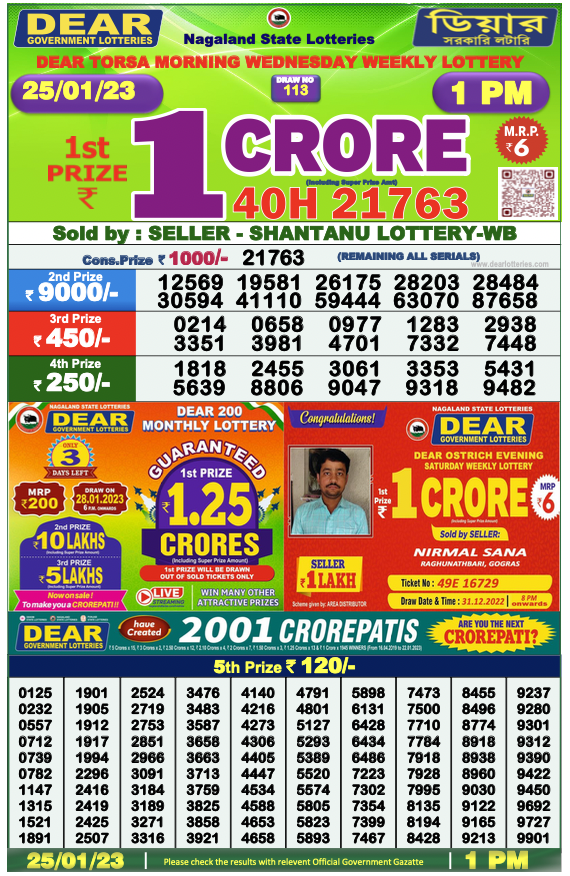 Nagaland State Lottery Today 25.1.2023 Result,1 pm, 6 pm, 8 pm